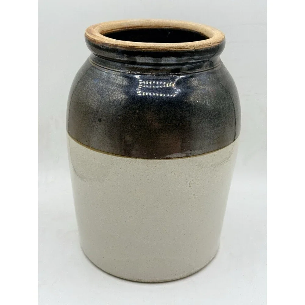 Antique Salt Glazed Two Tone Beige & Brown Stoneware Crock Jar 9.5” Tall